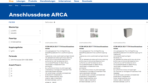 Bestellseite für FTTH Anschlussdose ARCA im Webshop